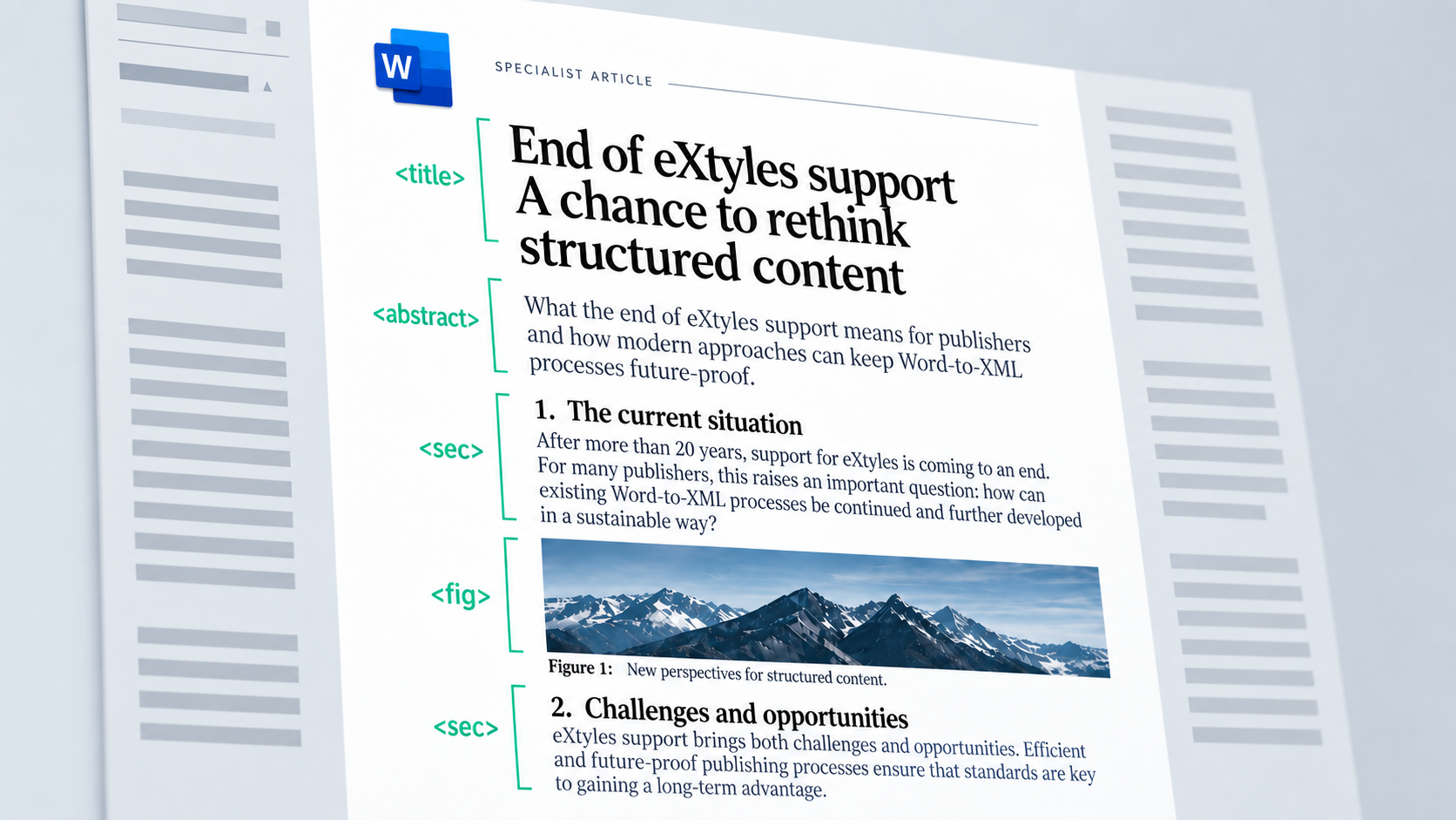 Word-Dokument mit XML-Tags wie <title>, <sec> und <fig> am Rand, die die Strukturierung des Inhalts markieren